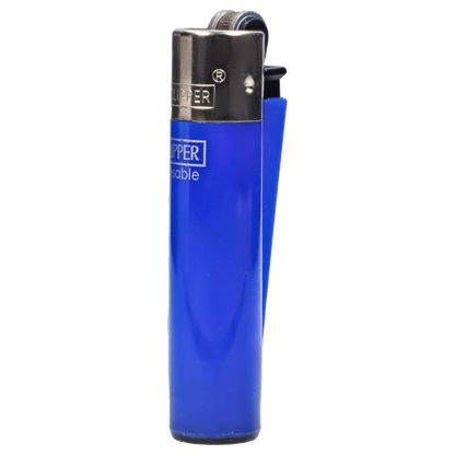 Close-up front view of a blue Clipper Classic Micro Lighter showing its metal top, striker wheel, and partial logo on a plain background
