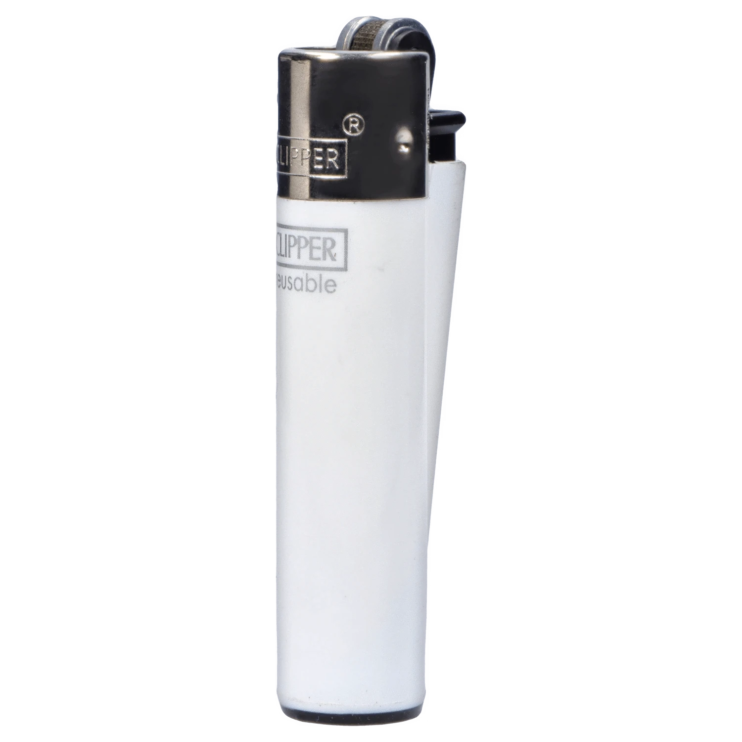 Close-up vertical view of a white metal-topped Clipper Classic Micro Lighter showing the wheel, flint housing, and partial logo on a plain background
