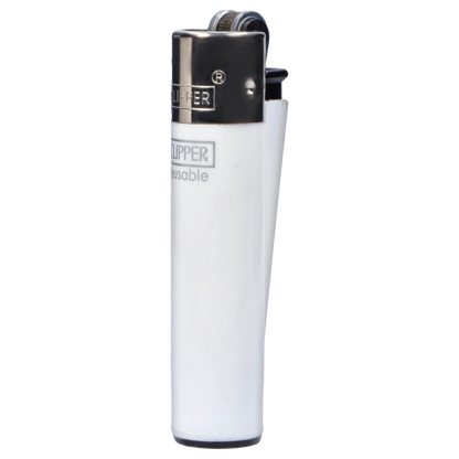 Close-up vertical view of a white metal-topped Clipper Classic Micro Lighter showing the wheel, flint housing, and partial logo on a plain background