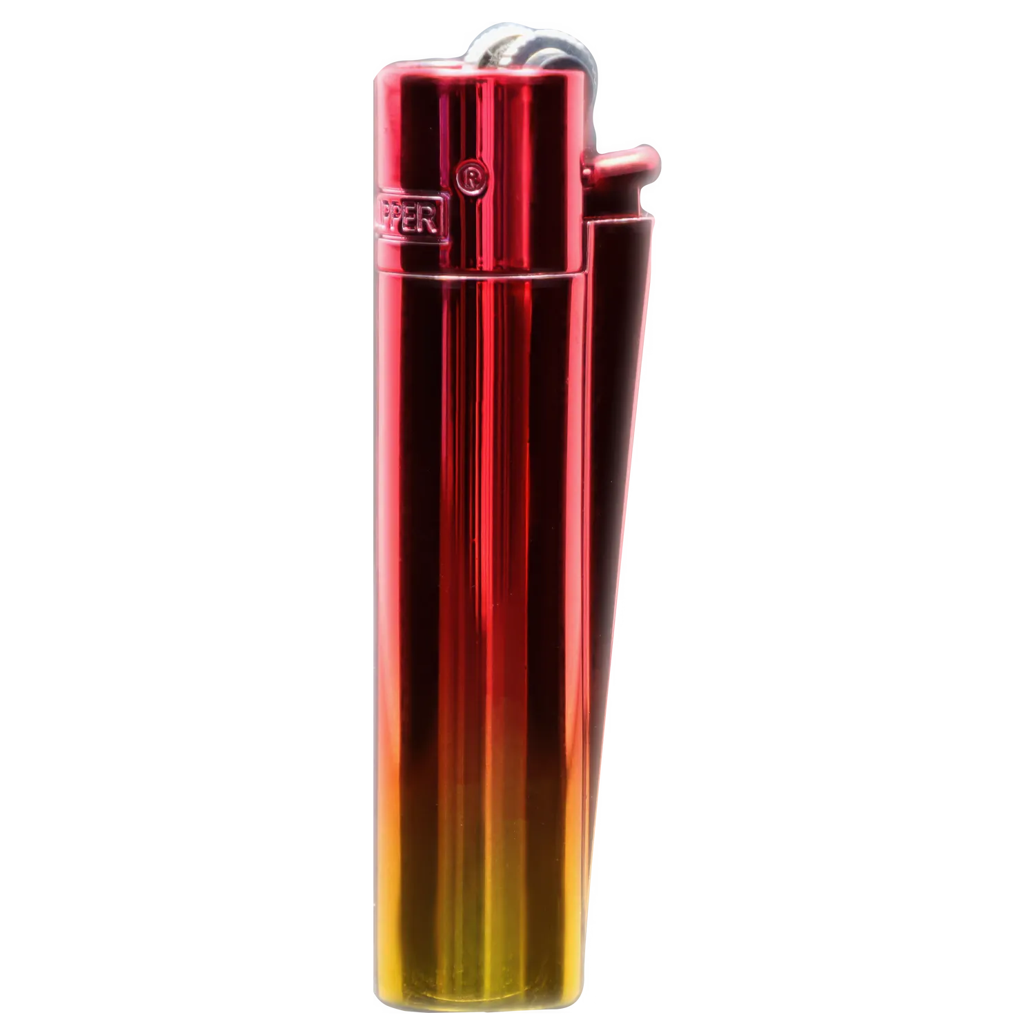 Close-up, vertical view of a glossy red-to-gold gradient metal lighter showing the top wheel and "Clipper Metal Lighter - Sunset Gradient" embossed on the cap.