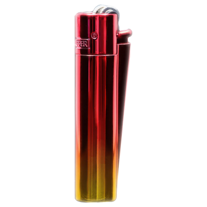 Close-up, vertical view of a glossy red-to-gold gradient metal lighter showing the top wheel and "Clipper Metal Lighter - Sunset Gradient" embossed on the cap.
