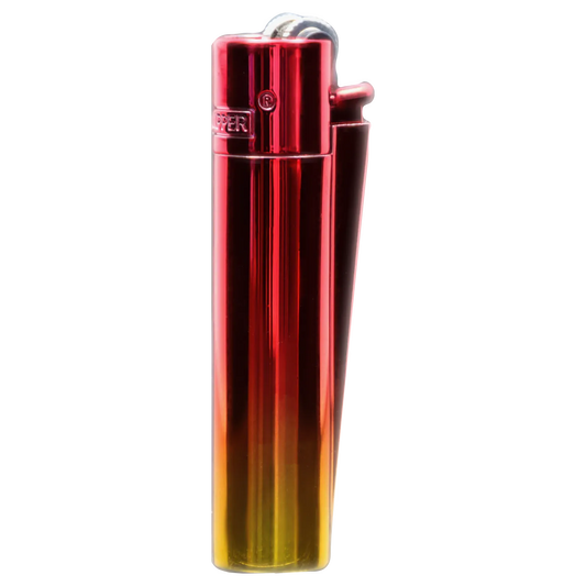 Close-up, vertical view of a glossy red-to-gold gradient metal lighter showing the top wheel and "Clipper Metal Lighter - Sunset Gradient" embossed on the cap.