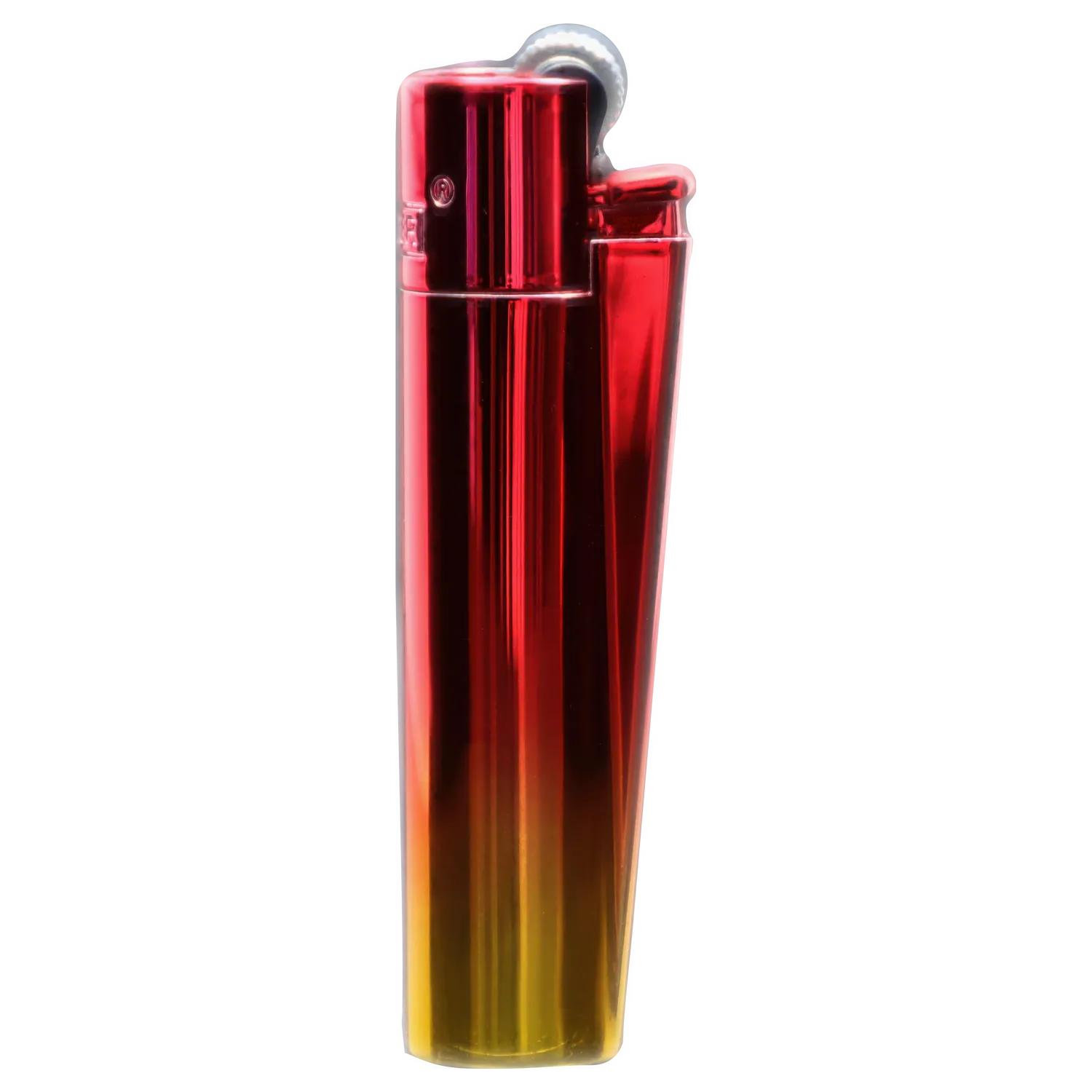 Close-up vertical view of the glossy red-to-gold gradient Clipper Metal Lighter - Sunset Gradient against a soft, streaked background.
