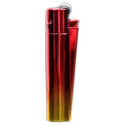 Close-up vertical view of the glossy red-to-gold gradient Clipper Metal Lighter - Sunset Gradient against a soft, streaked background.