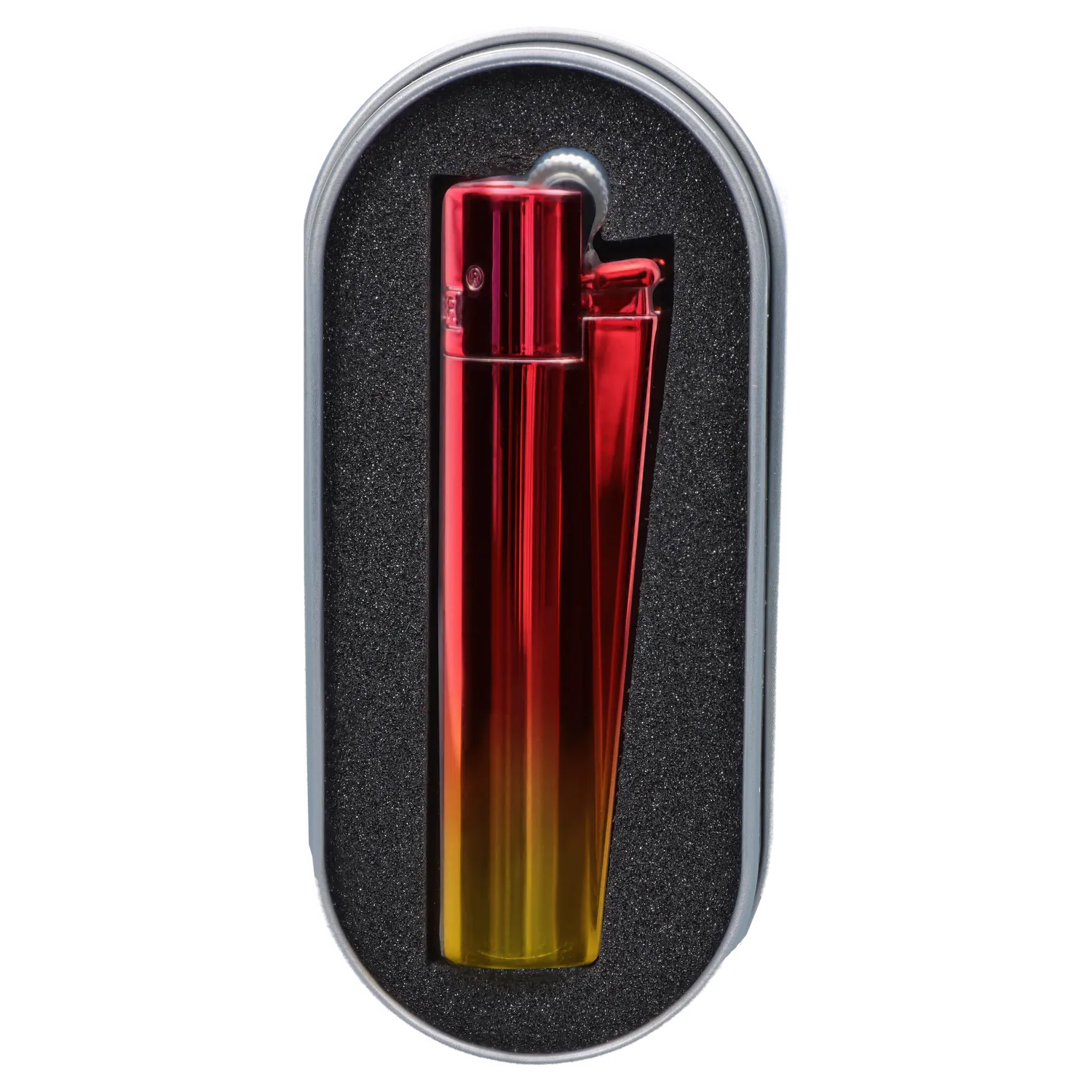 Close-up top-down view of the sunset-hued Clipper Metal Lighter - Sunset Gradient nestled upright in black foam within a rounded metal case