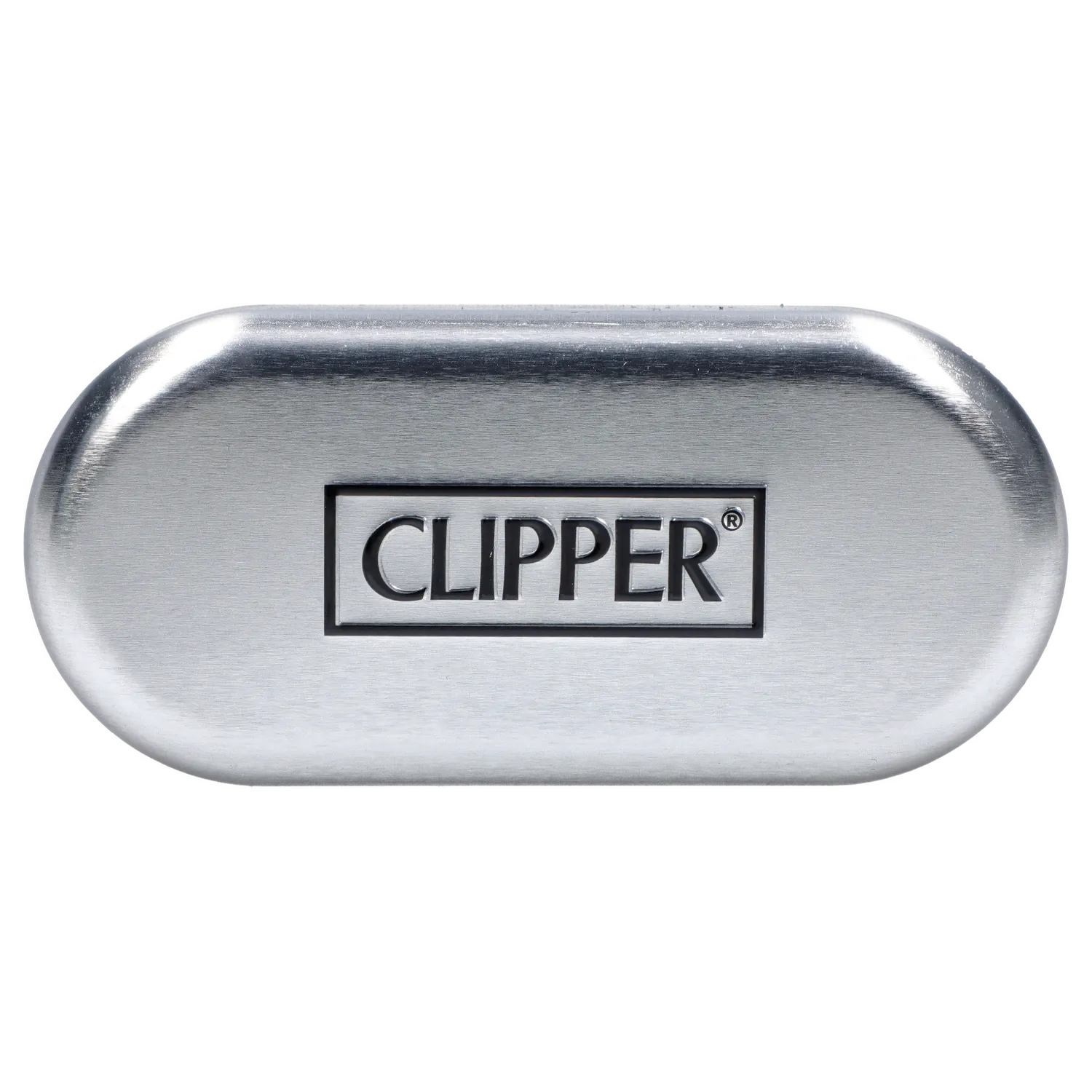 Close-up of the metallic Clipper Metal Lighter - Sunset Gradient shown horizontally with a brushed silver finish and embossed CLIPPER logo.