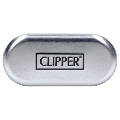 Close-up of the metallic Clipper Metal Lighter - Sunset Gradient shown horizontally with a brushed silver finish and embossed CLIPPER logo.