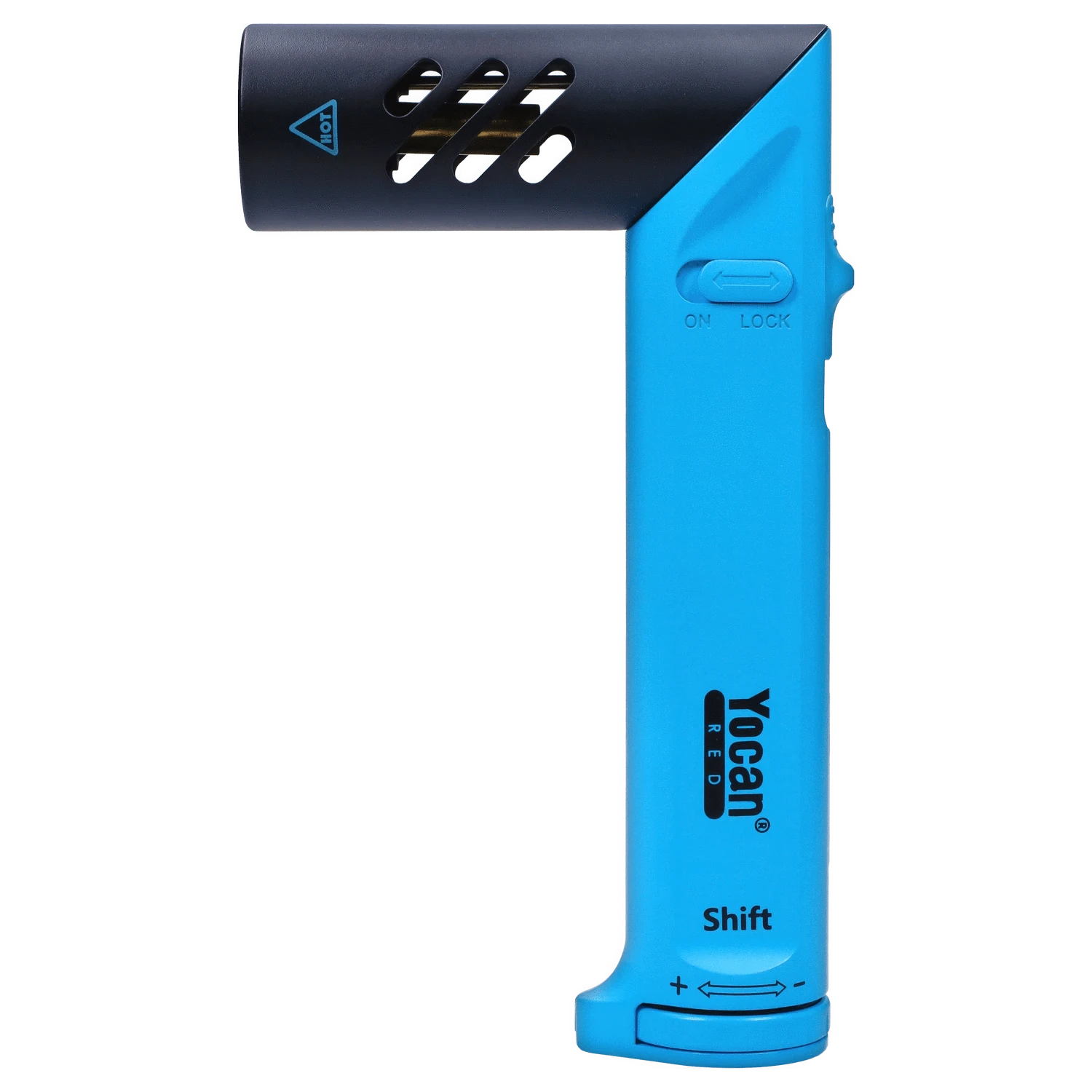 Close-up view of the blue Yocan Shift Torch with visible buttons and a sleek, handheld design.