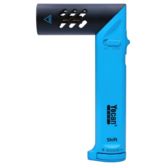 Close-up view of the blue Yocan Shift Torch with visible buttons and a sleek, handheld design.