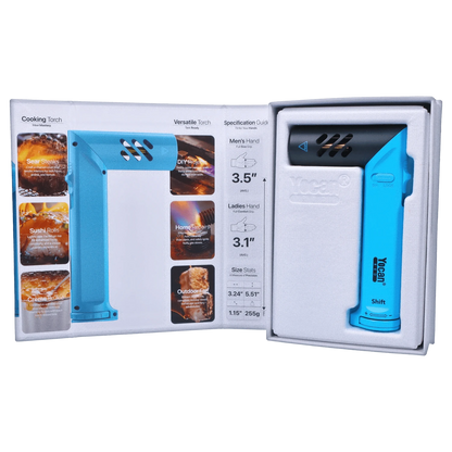 A slightly angled close-up of the blue Yocan Shift Torch, showcasing its sleek design and labeled specifications on the packaging.