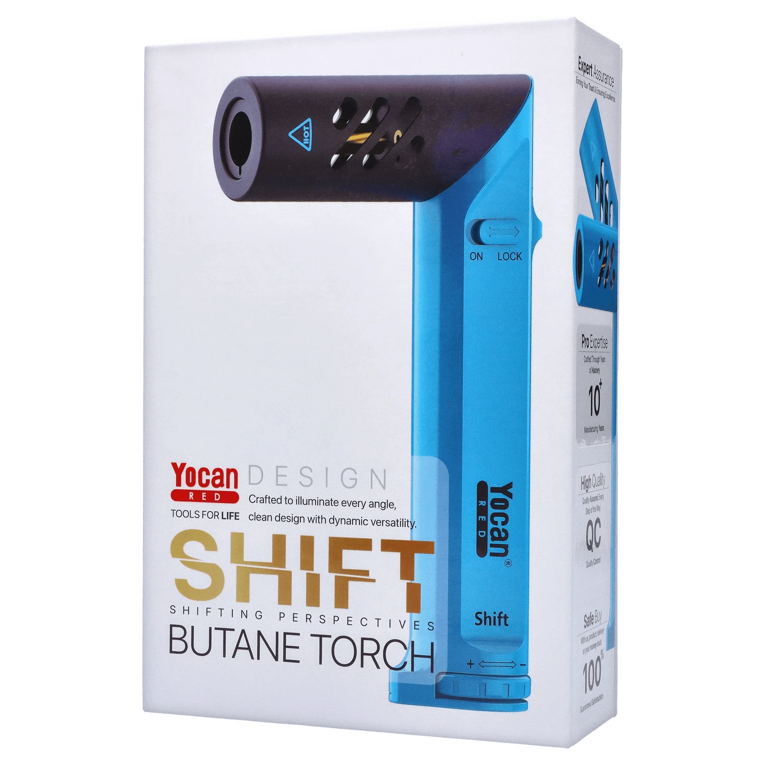 A slightly angled view of the blue Yocan Shift Torch, showcasing the product’s sleek design and labeling details.
