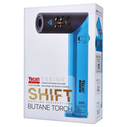 A slightly angled view of the blue Yocan Shift Torch, showcasing the product’s sleek design and labeling details.