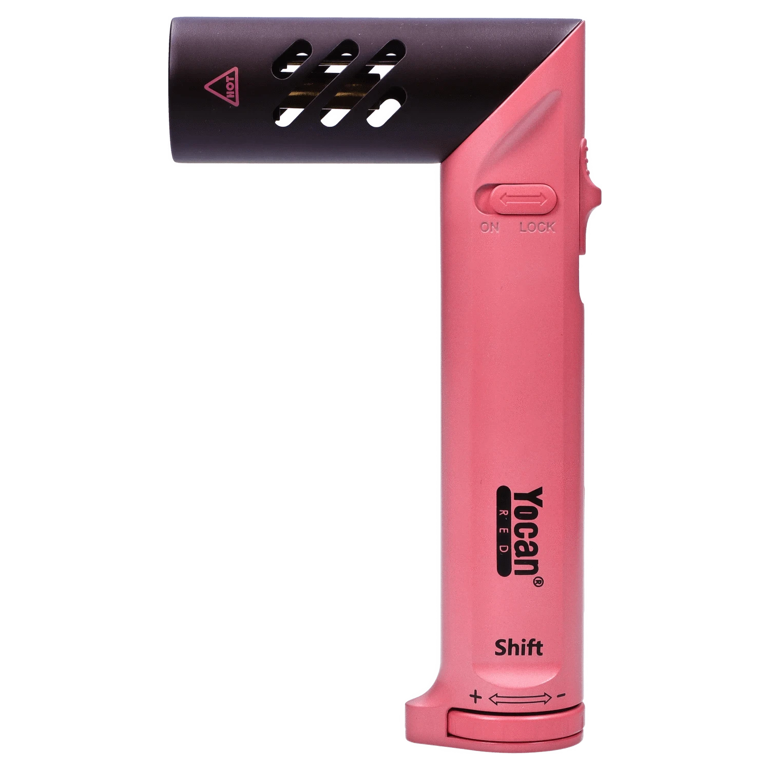 A close-up, angled view of the pink Yocan Shift Torch, showing its metallic button and sleek design.