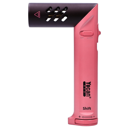 A close-up, angled view of the pink Yocan Shift Torch, showing its metallic button and sleek design.