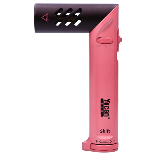 A close-up, angled view of the pink Yocan Shift Torch, showing its metallic button and sleek design.