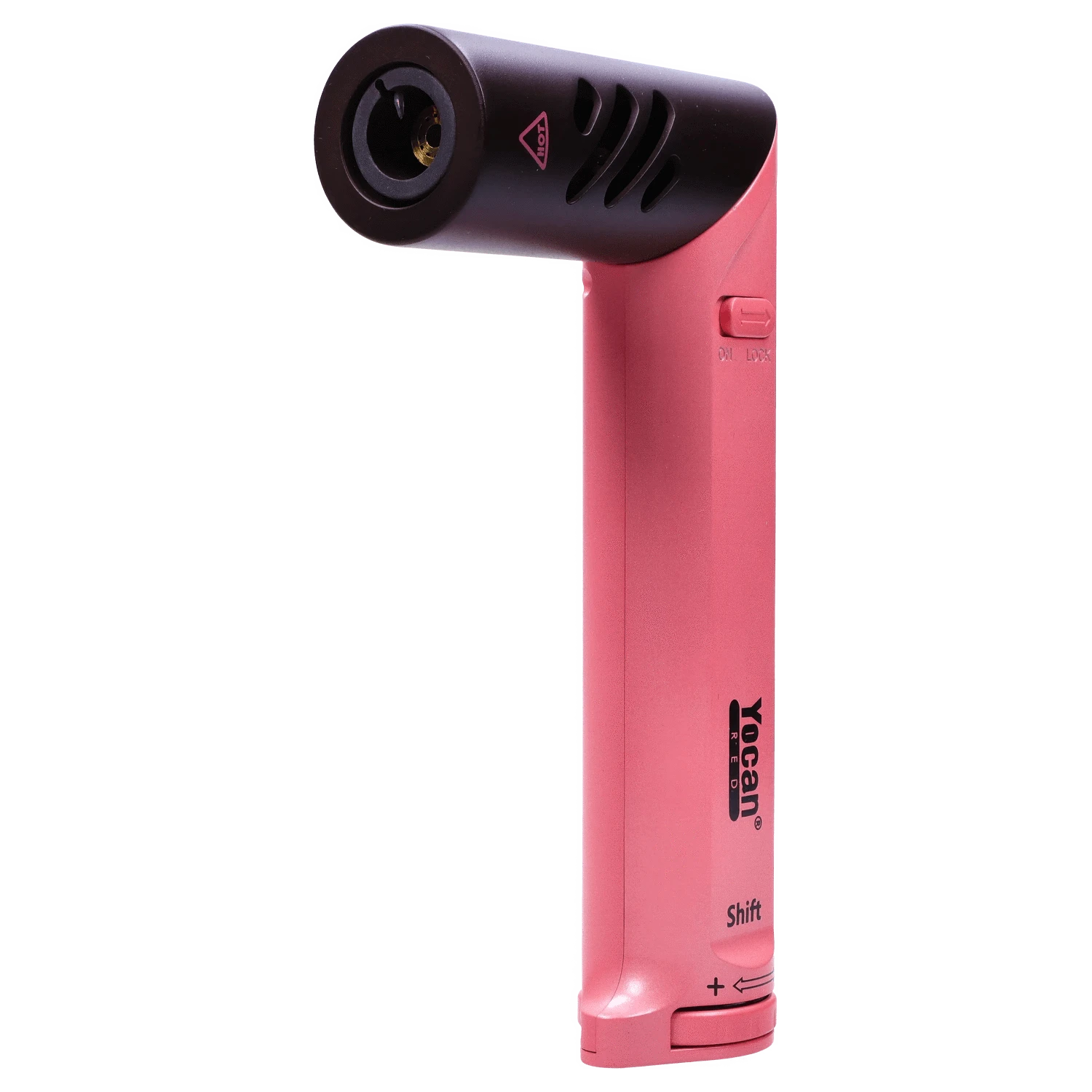 Front view of the pink Yocan Shift Torch, showcasing its sleek, metallic design and compact size against a plain background.