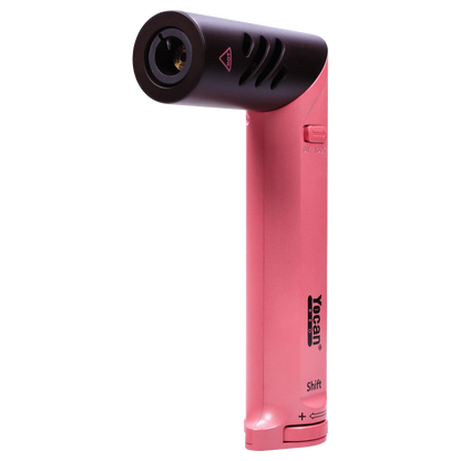 Front view of the pink Yocan Shift Torch, showcasing its sleek, metallic design and compact size against a plain background.