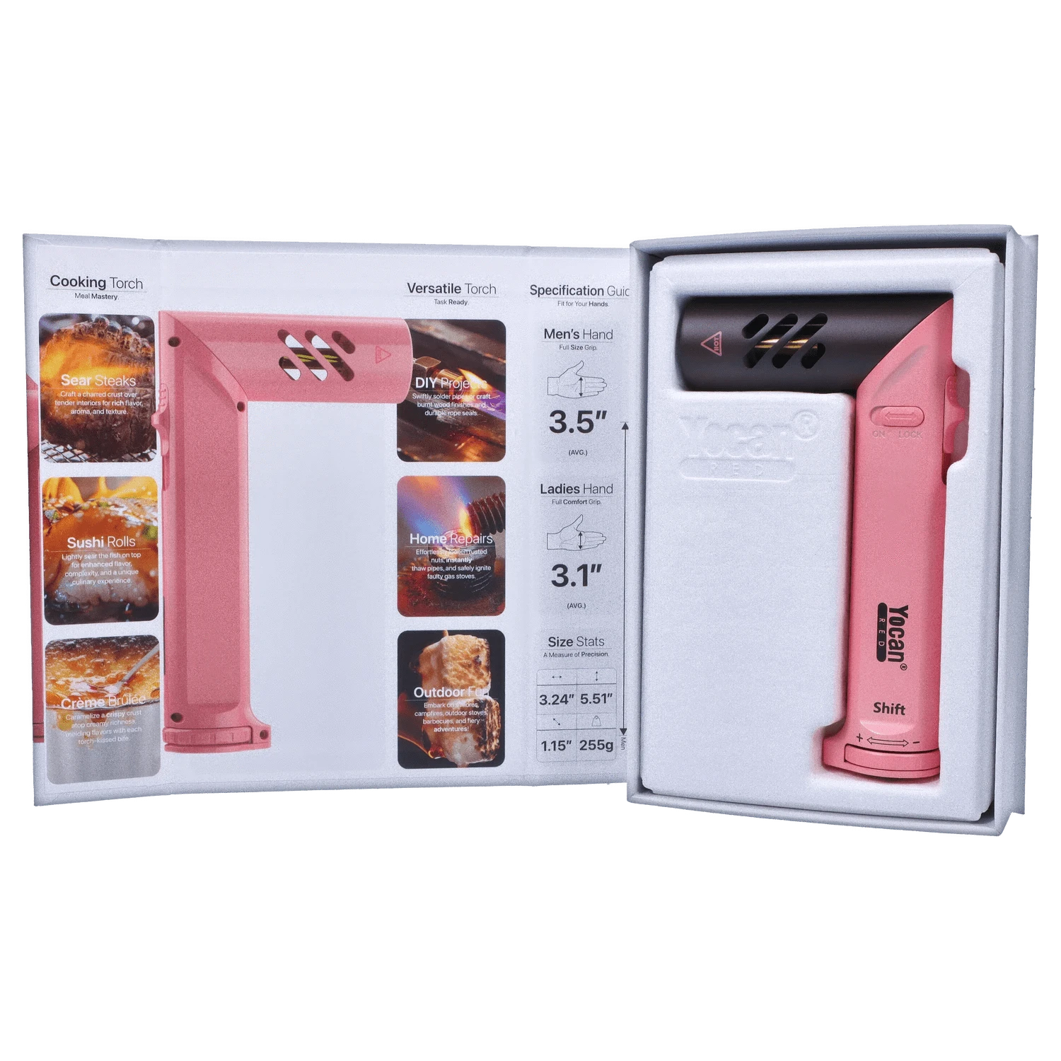A slightly angled view of the pink Yocan Shift Torch, featuring labeled diagrams and specifications on a white background.