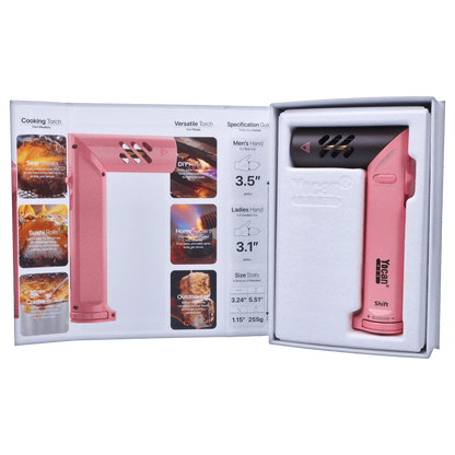 A slightly angled view of the pink Yocan Shift Torch, featuring labeled diagrams and specifications on a white background.