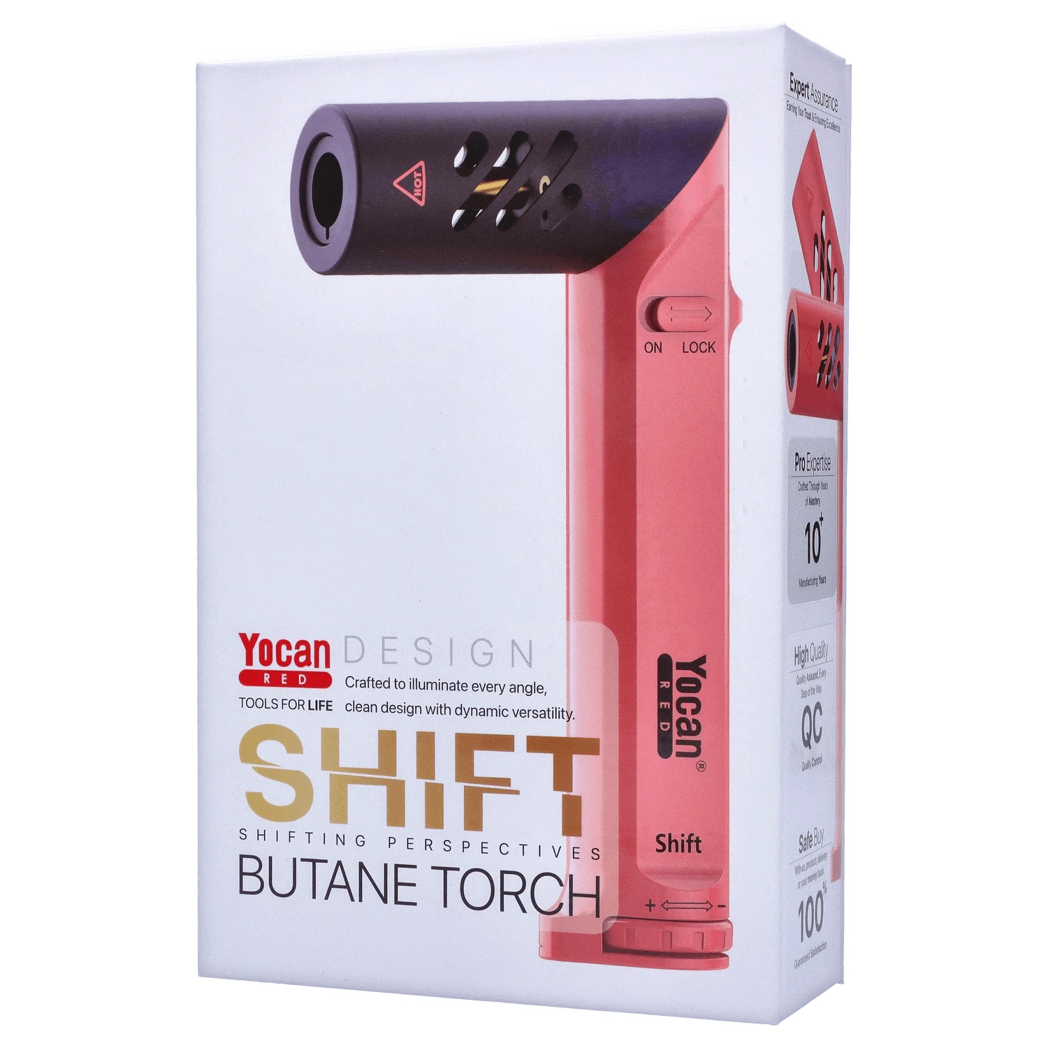 Front view of the Yocan Shift Torch - Pink, showcasing its sleek design and branding details on a white background.