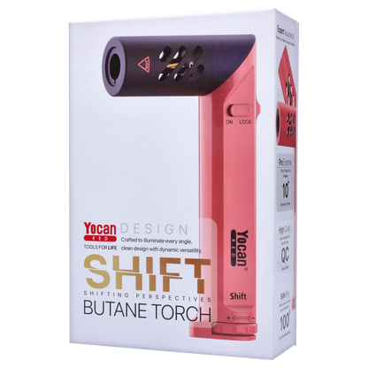Front view of the Yocan Shift Torch - Pink, showcasing its sleek design and branding details on a white background.