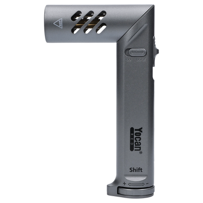 Close-up angled view of the Yocan Shift Torch in space grey, showing the button panel and metallic finish.