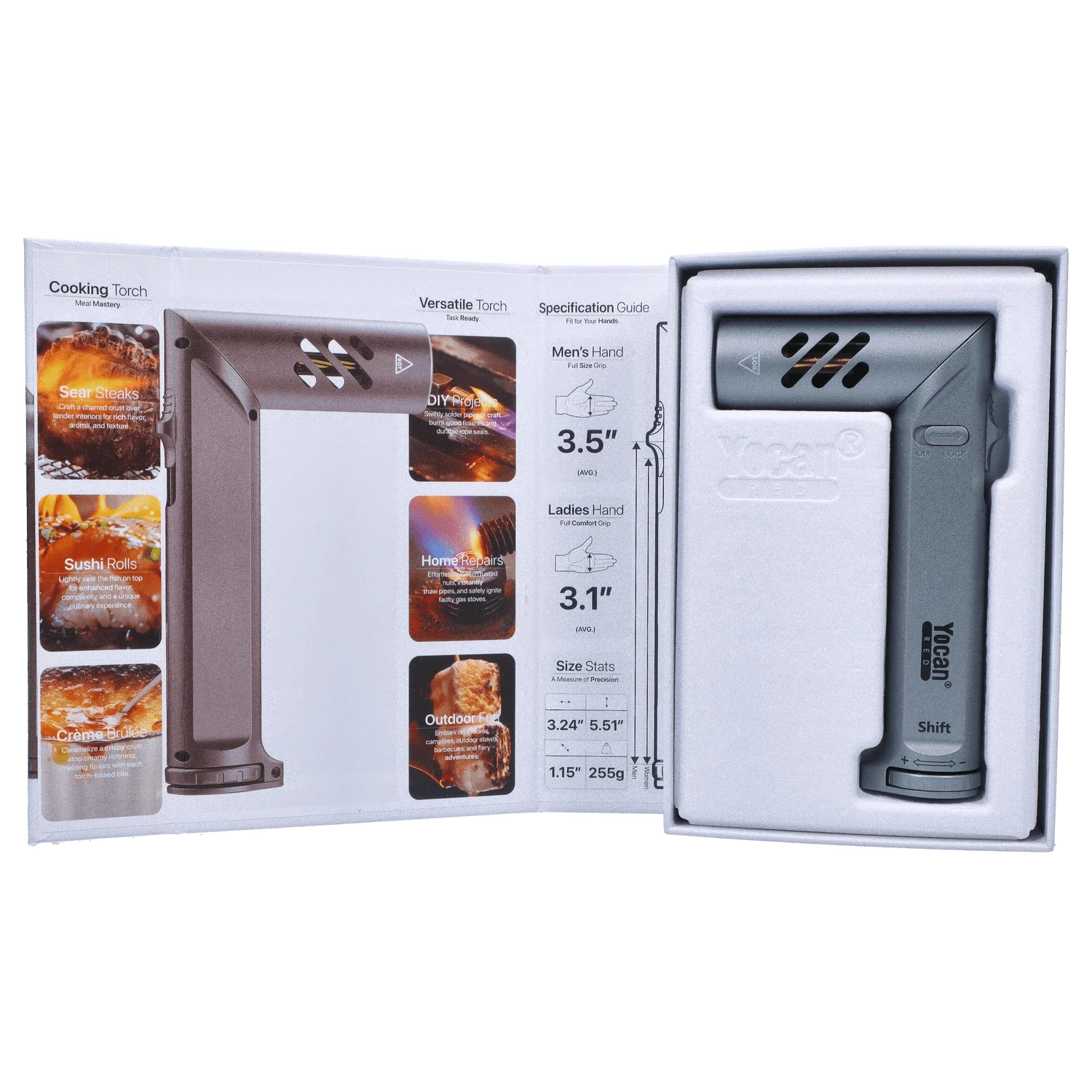 A slightly angled studio shot of the Yocan Shift Torch in space grey, presented in its packaging with graphics and text.