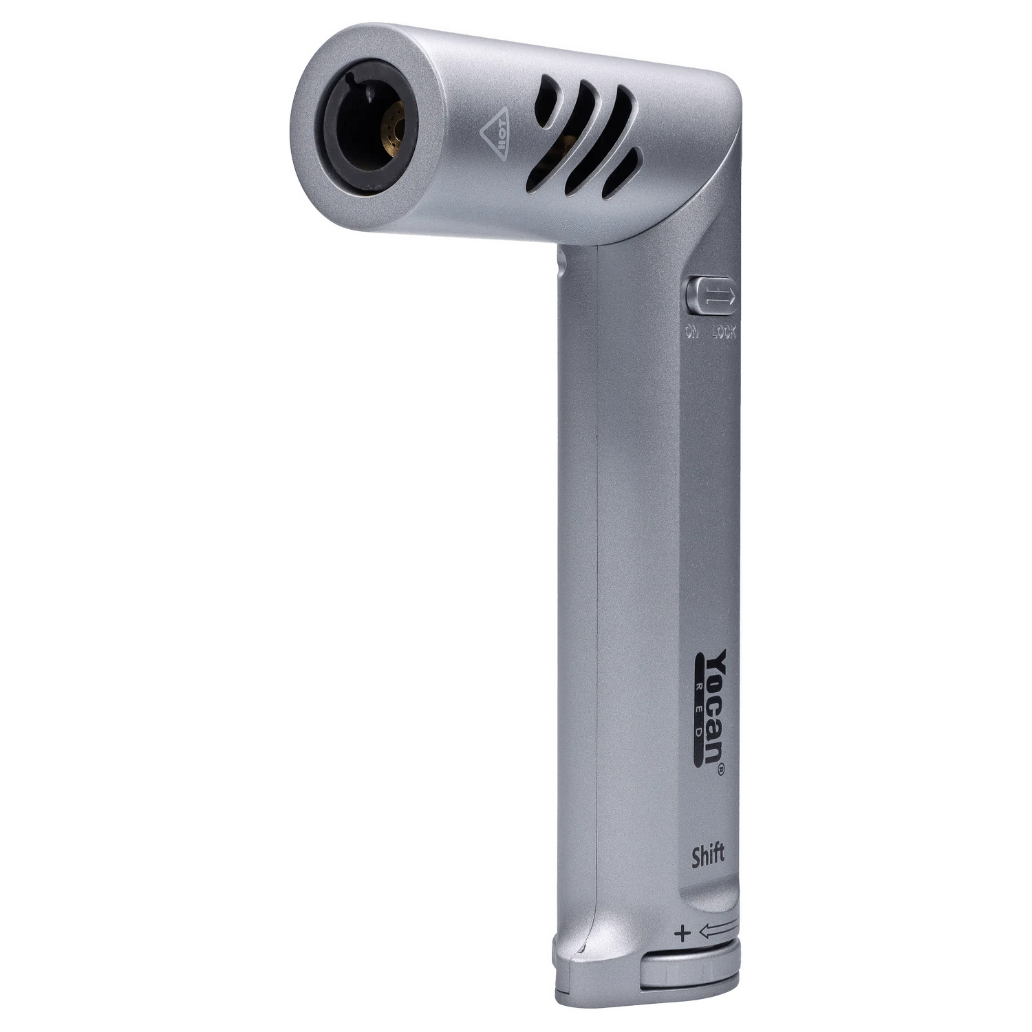 A close-up, angled view of the silver Yocan Shift Torch, showing its sleek metallic design and compact size.