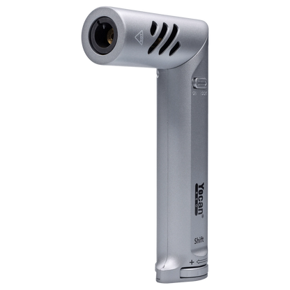 A close-up, angled view of the silver Yocan Shift Torch, showing its sleek metallic design and compact size.