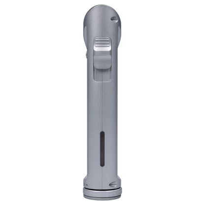A sleek, silver Yocan Shift Torch stands against a white backdrop, captured in a close-up side view.