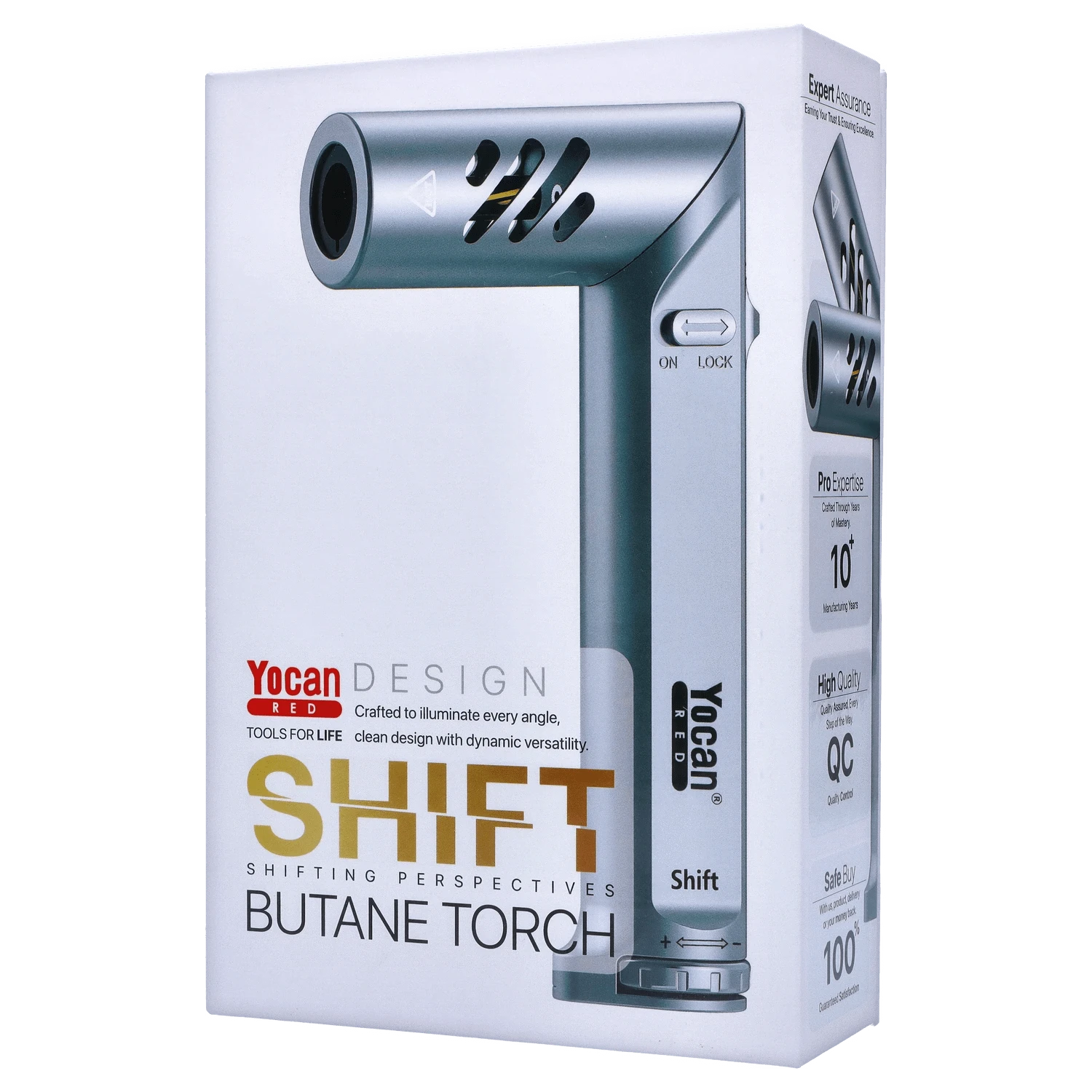 A slightly angled close-up of the silver Yocan Shift Torch, showcasing its sleek metallic design and labeled features.