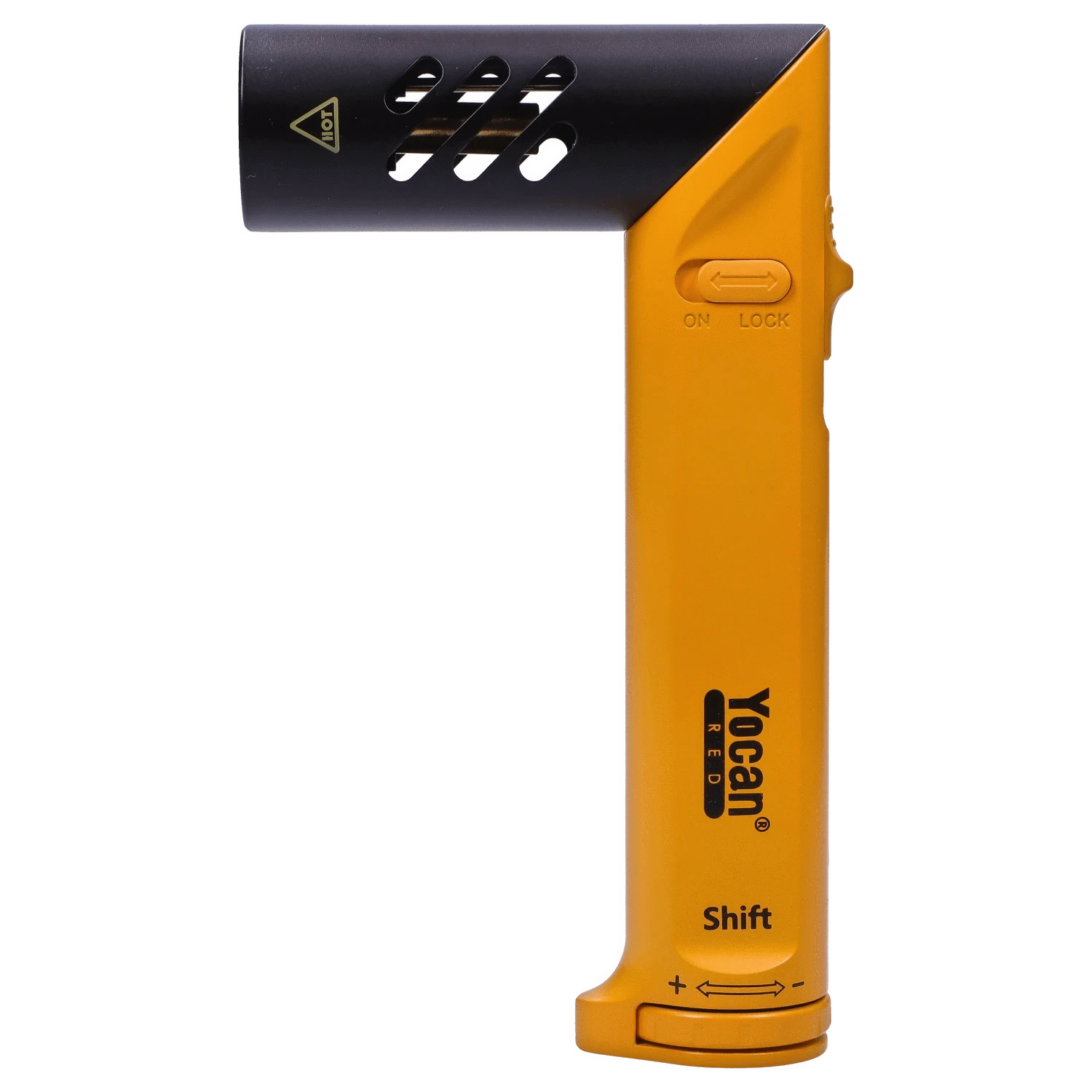 Front view of the yellow Yocan Shift Torch with a black handle and metallic accents.