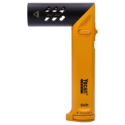 Front view of the yellow Yocan Shift Torch with a black handle and metallic accents.