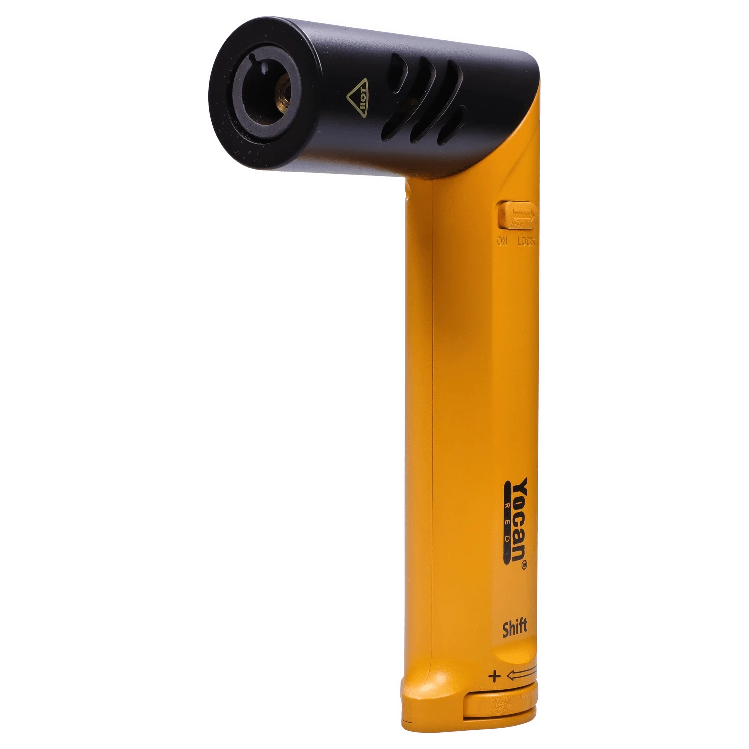 A close-up, angled view of the yellow Yocan Shift Torch, showing its sleek, cylindrical design and metallic tip.