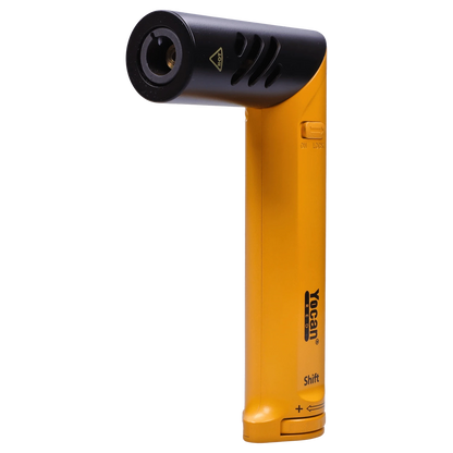 A close-up, angled view of the yellow Yocan Shift Torch, showing its sleek, cylindrical design and metallic tip.