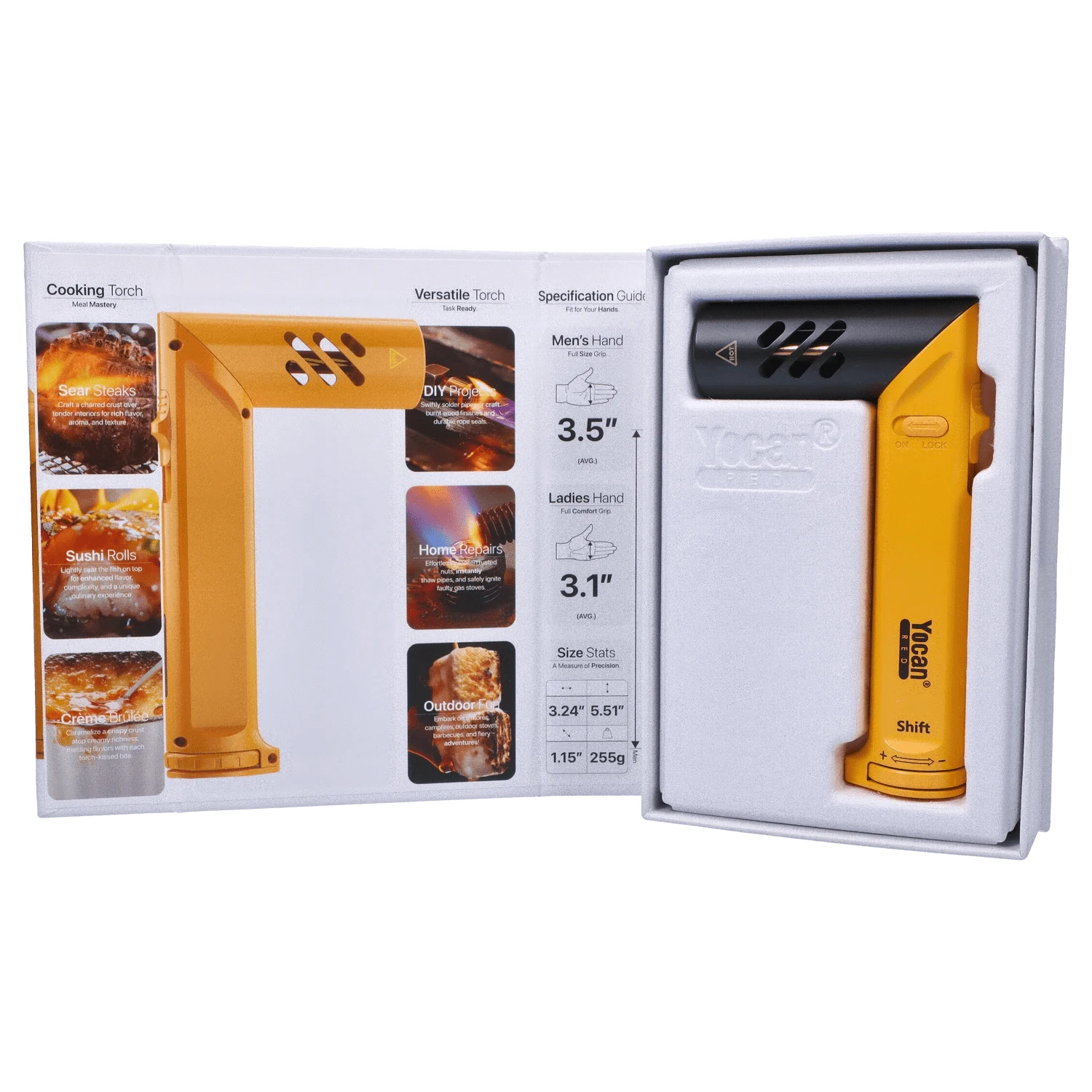 Front view of the yellow Yocan Shift Torch against a dark background, showcasing its sleek design and included specifications guide.