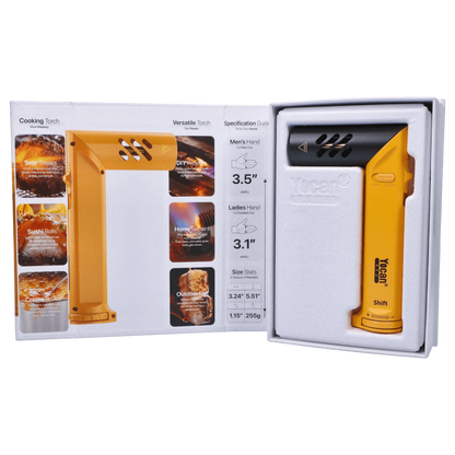 Front view of the yellow Yocan Shift Torch against a dark background, showcasing its sleek design and included specifications guide.