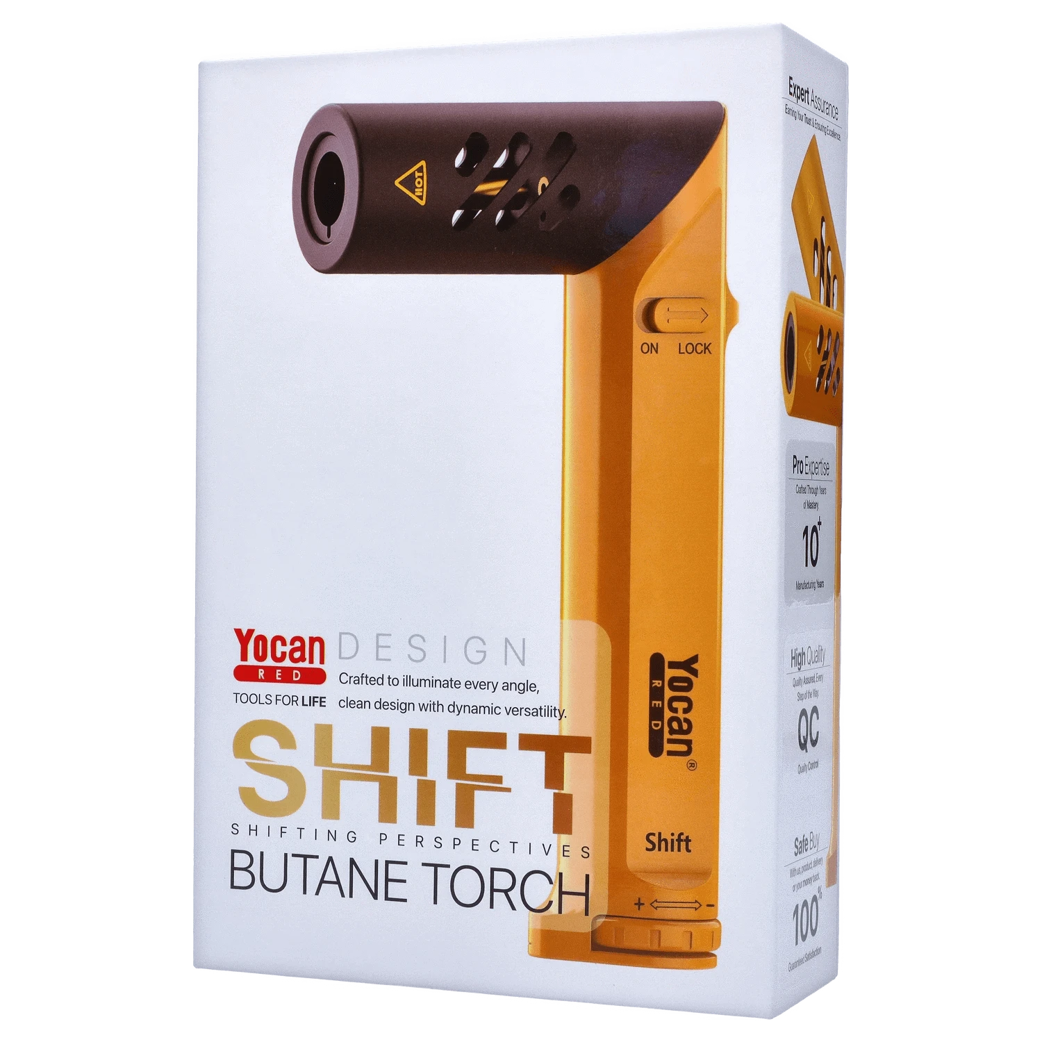 A close-up, angled view of the yellow Yocan Shift Torch, displaying text details on its packaging and quality assurance labels.
