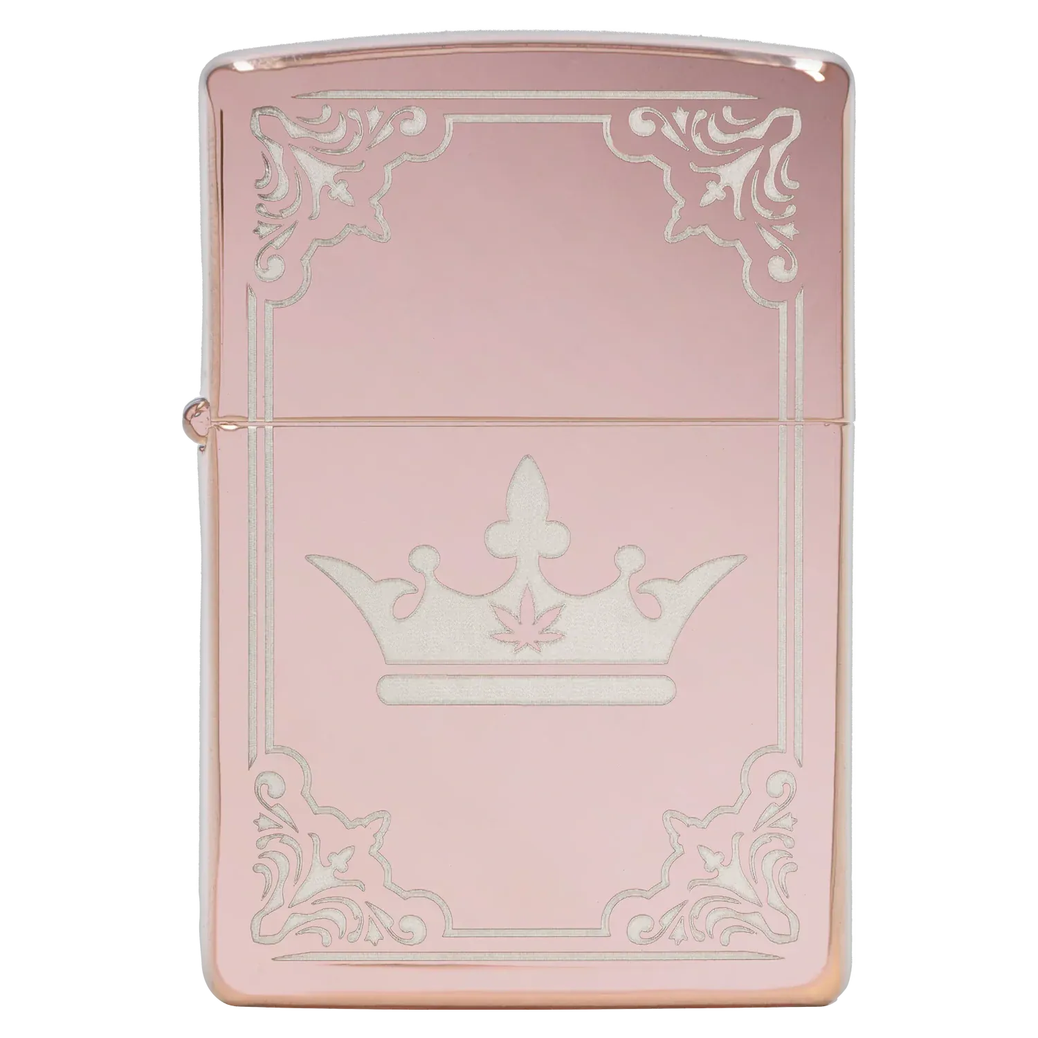 Top-down close-up of the Queen of Bud Zippo Rose Quartz Filigree showing its pink lid with silver filigree corners and a central crown motif.
