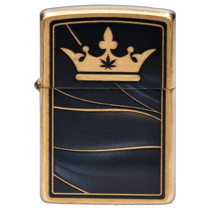 Close-up front view of the Queen of Bud Zippo Black Obsidian Midnight Manifest lighter showing a gold crown emblem over a black, subtly textured panel with thin gold line accents.