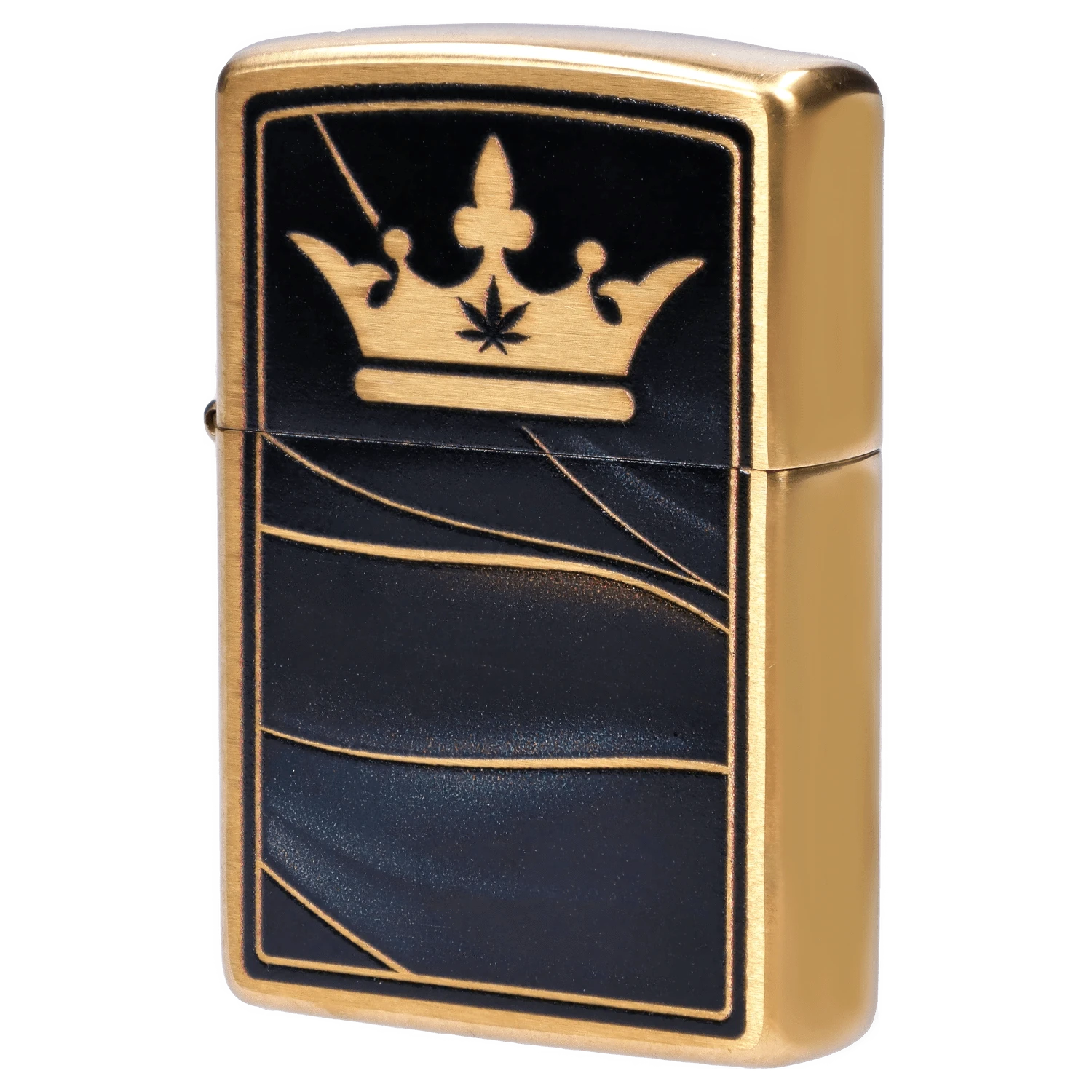 Close-up angled view of the Queen of Bud Zippo Black Obsidian Midnight Manifest lighter showing a gold crown motif and engraved black panel.
