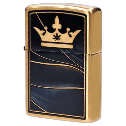 Close-up angled view of the Queen of Bud Zippo Black Obsidian Midnight Manifest lighter showing a gold crown motif and engraved black panel.