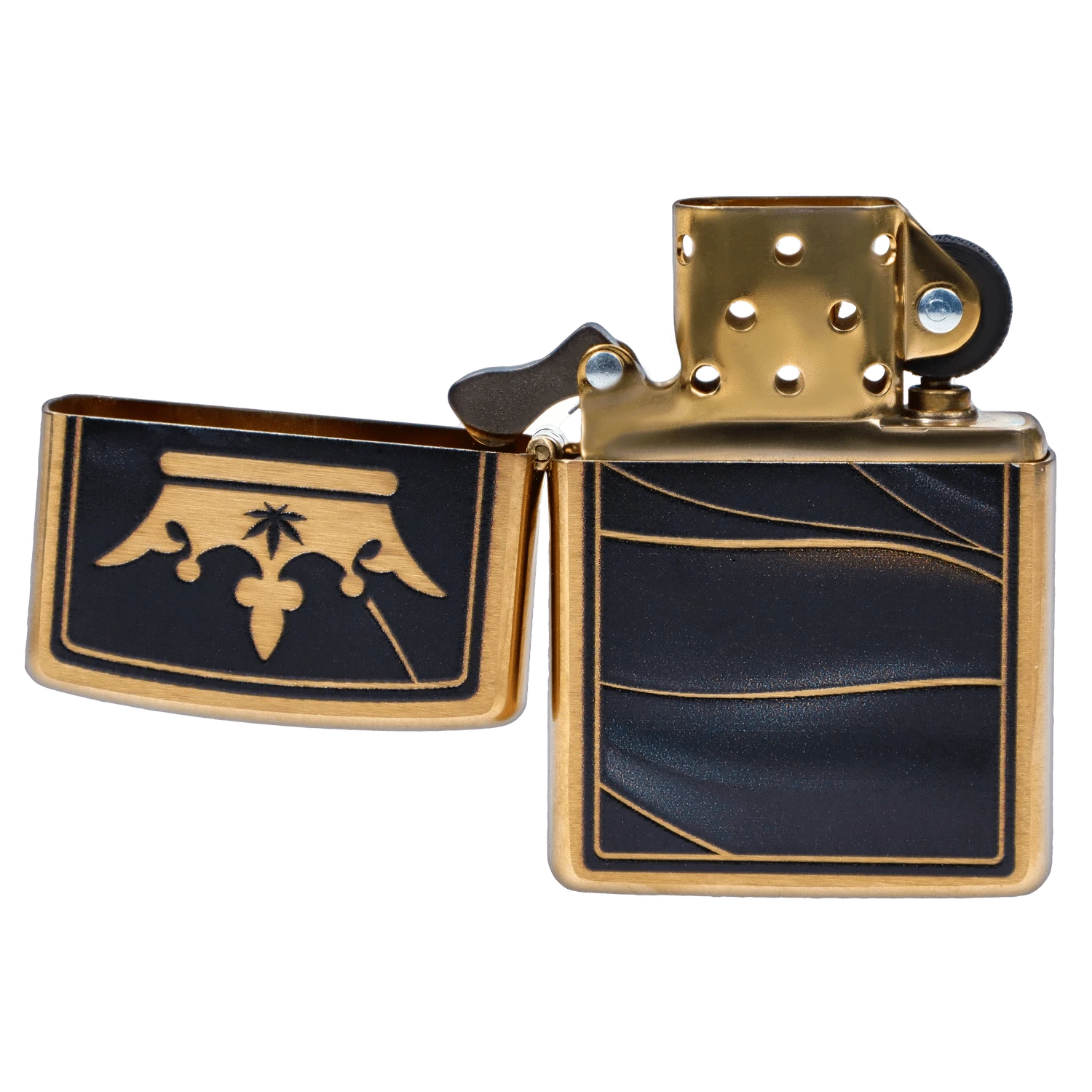 Close-up, three-quarter view of the opened Queen of Bud Zippo Black Obsidian Midnight Manifest lighter showing gold hardware and black panels with gold-lined wave and fleur-de-lis motifs