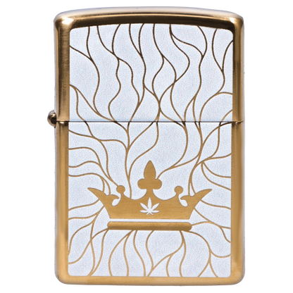Close-up front view of the Queen of Bud Zippo Clear Quartz Mosaic lighter showing a gold crown motif and flowing leaf-like lines on a pale speckled background.