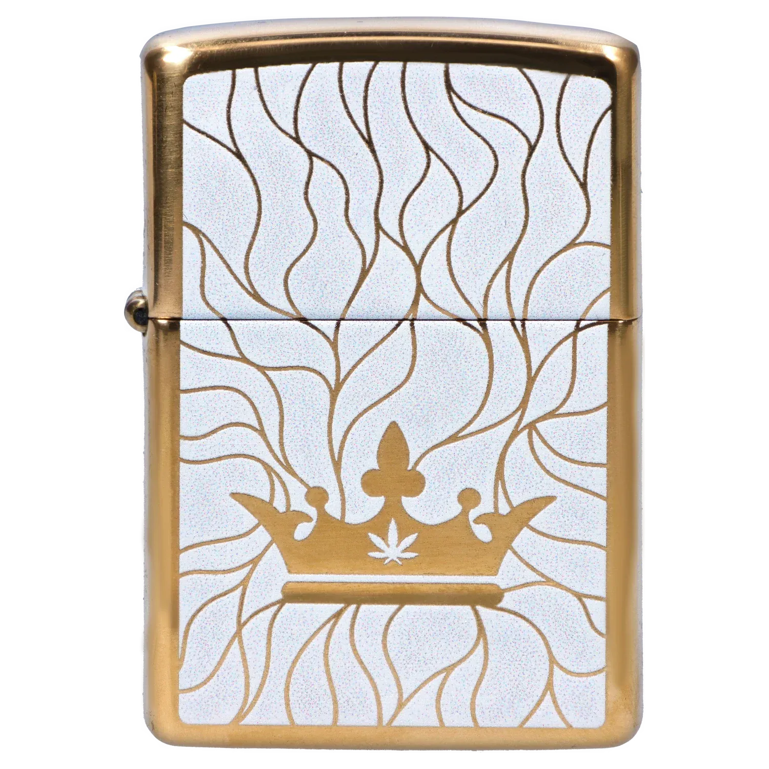 Close-up front view of the Queen of Bud: Clarity Ritual Box – Candle, Zippo, and Crystal showing a gold crown motif and flame-like linework on a white textured background.