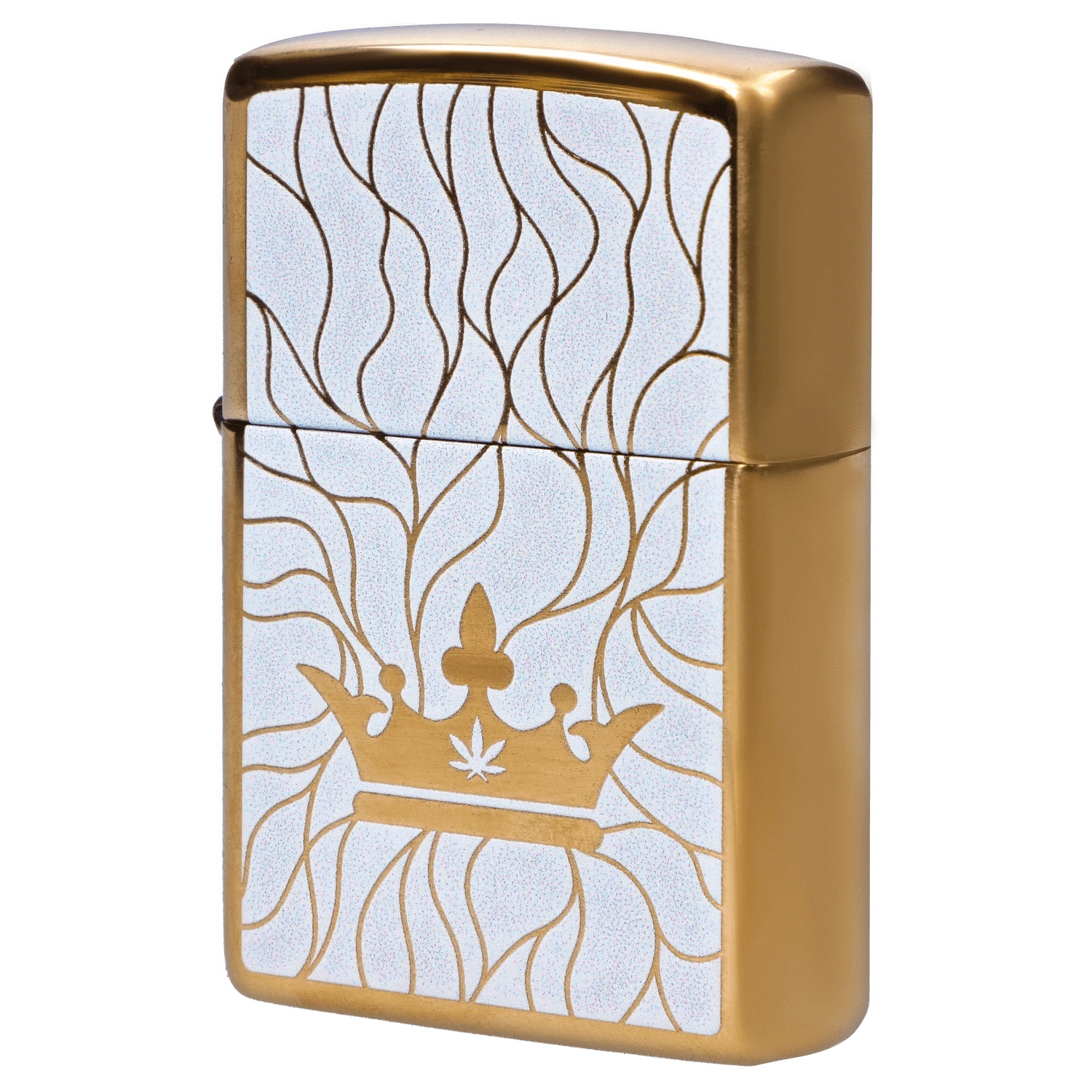 Angled close-up of the Queen of Bud Zippo Clear Quartz Mosaic showing gold edges and a white panel with flowing linework and crown motif