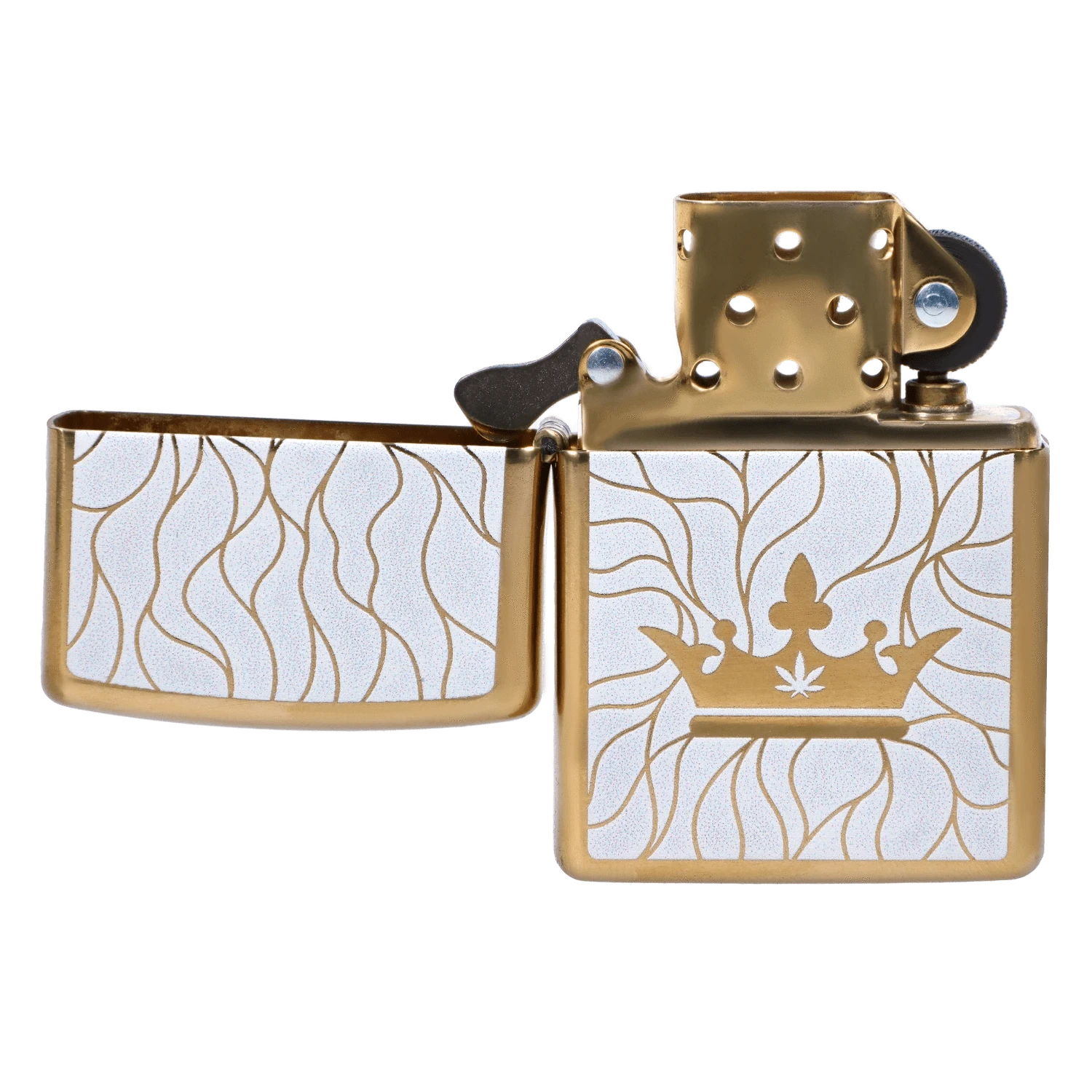 Close-up front view of the Queen of Bud Zippo Clear Quartz Mosaic showing the open gold lighter top and white panel with a gold crown motif.