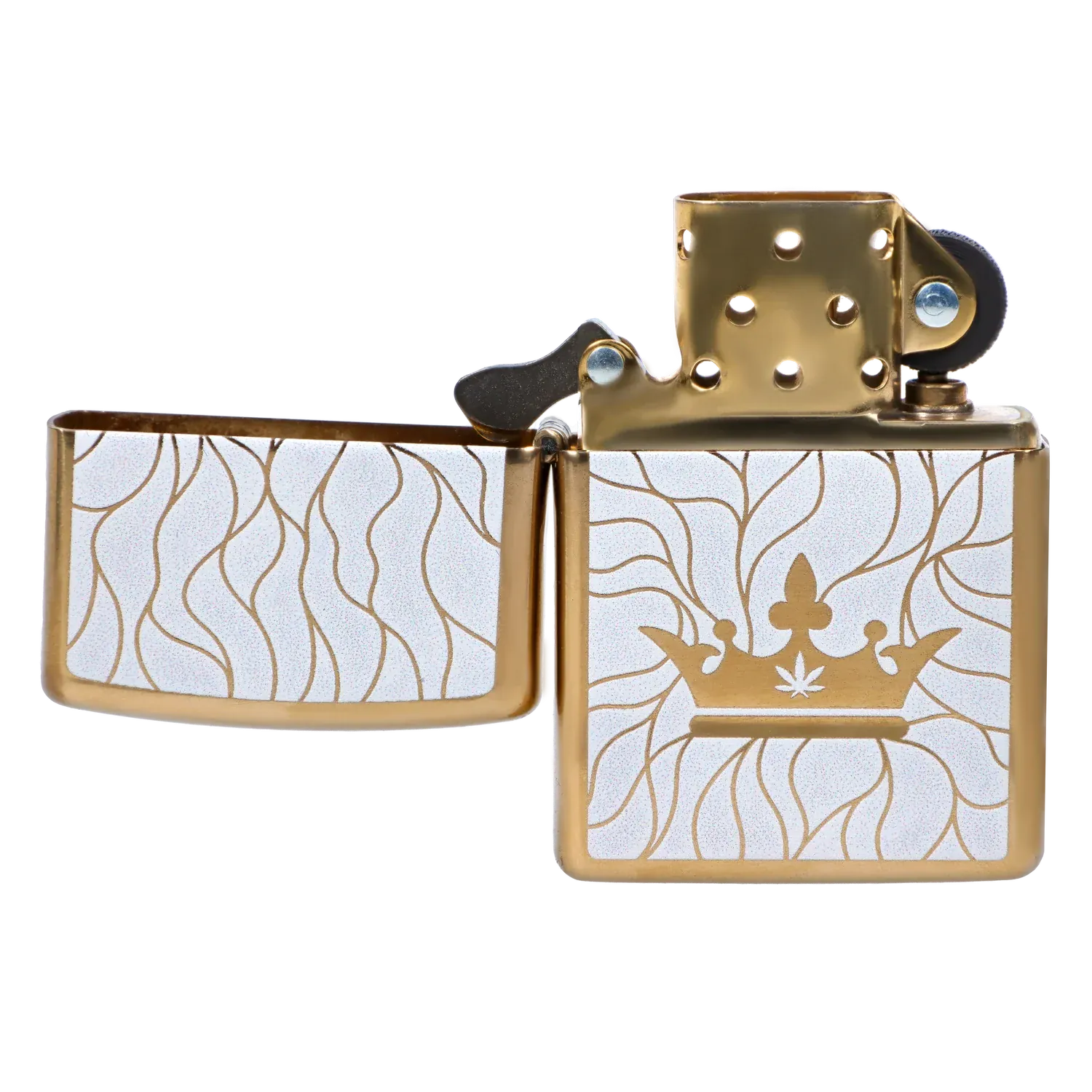 Close-up front view of the gold-and-white Zippo lighter from the Queen of Bud: Clarity Ritual Box – Candle, Zippo, and Crystal, showing its open lid, crown motif, and flowing line pattern.