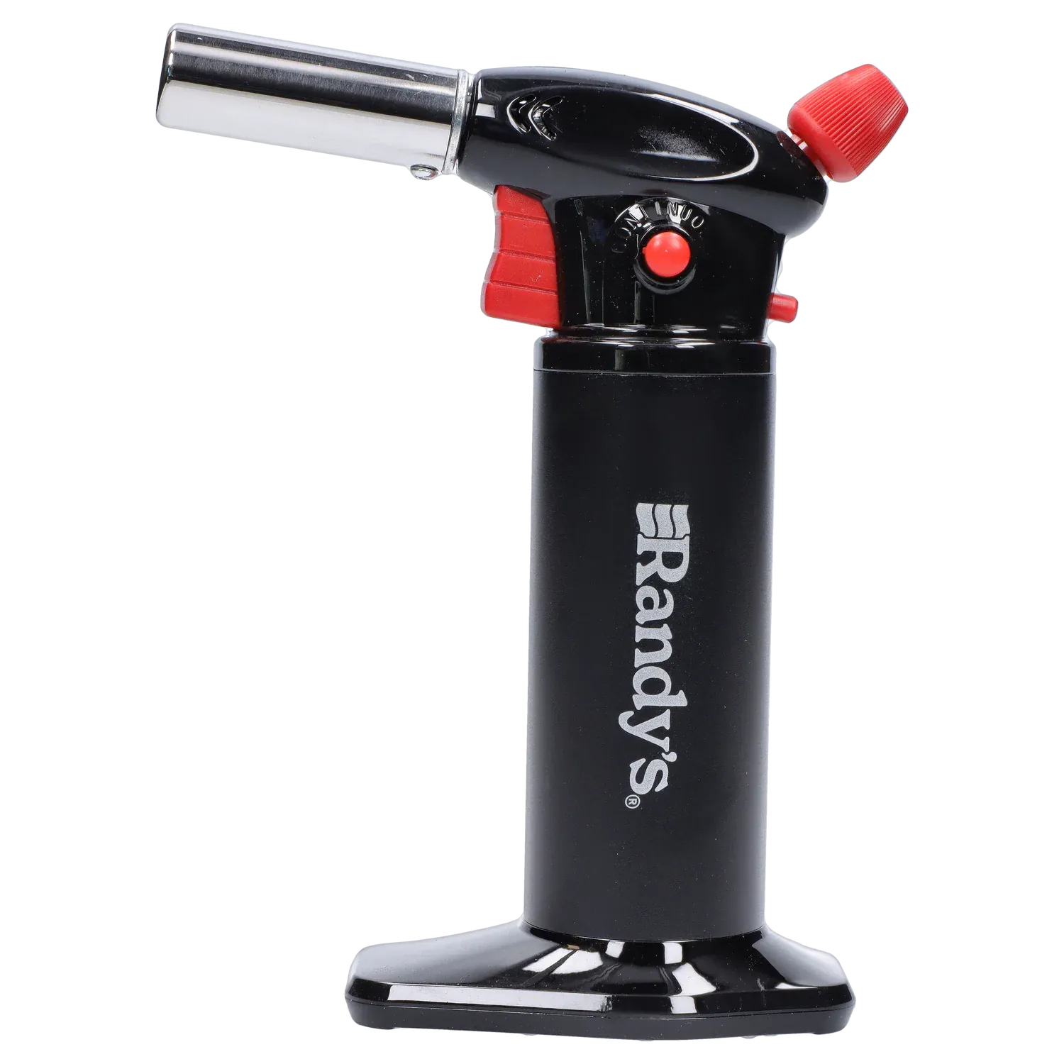 Side profile of Randy's Fahrenheit Butane Torch - Black showing the upright black cylinder with white logo, angled metal nozzle, and red control accents.