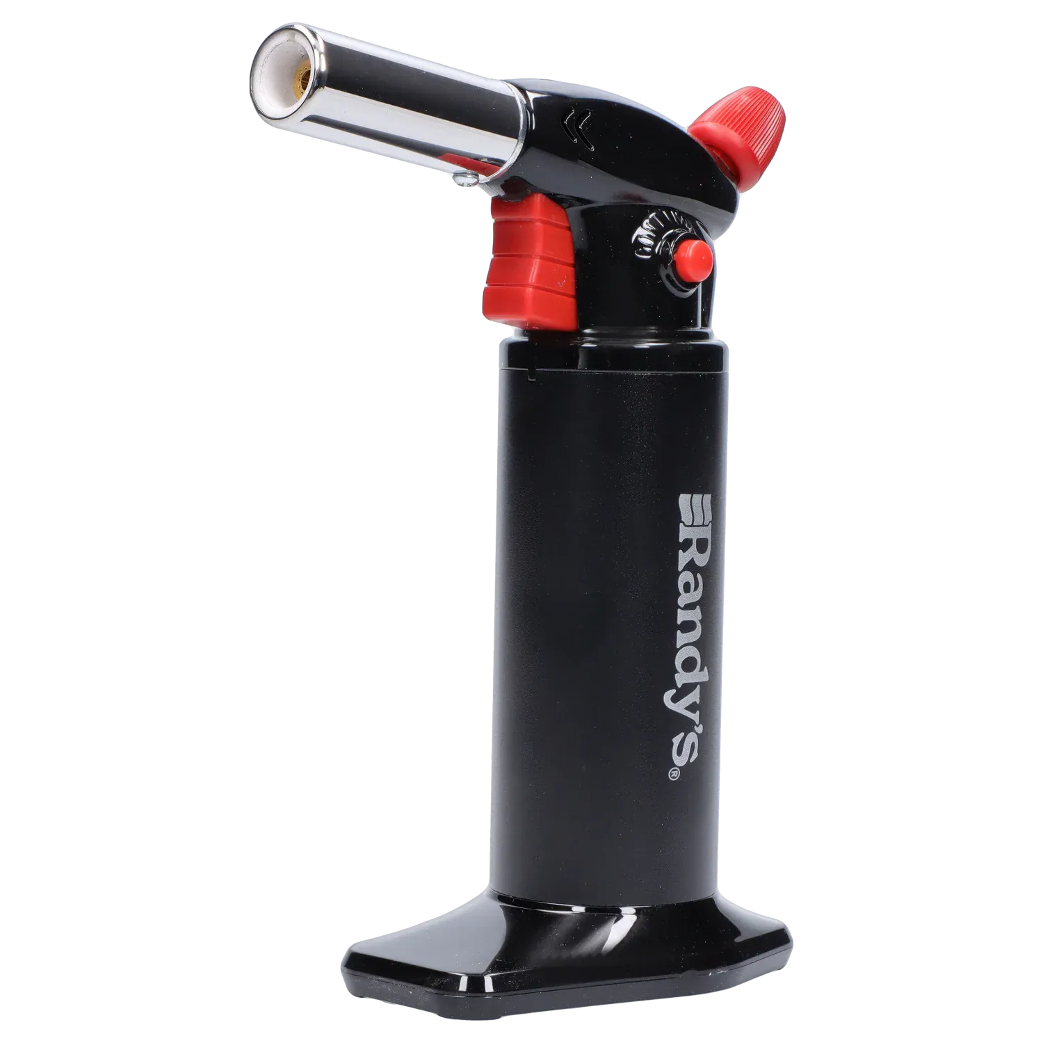 Right-side close-up of Randy's Fahrenheit Butane Torch - Black showing its black cylindrical body with white logo, angled chrome nozzle, red controls, and glossy base
